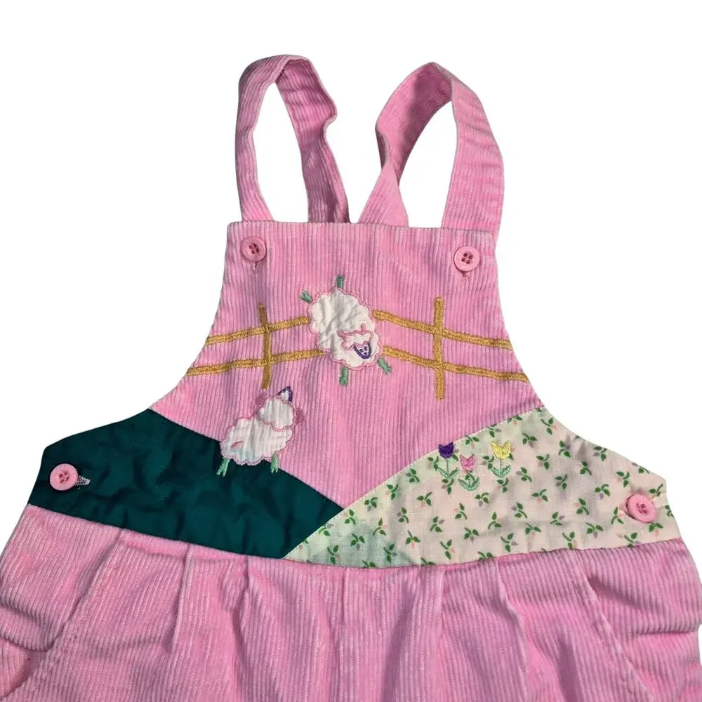 Vintage Joueux Gamins Happy Kids Girls Corduroy Embroidery Patchwork Overalls 3T